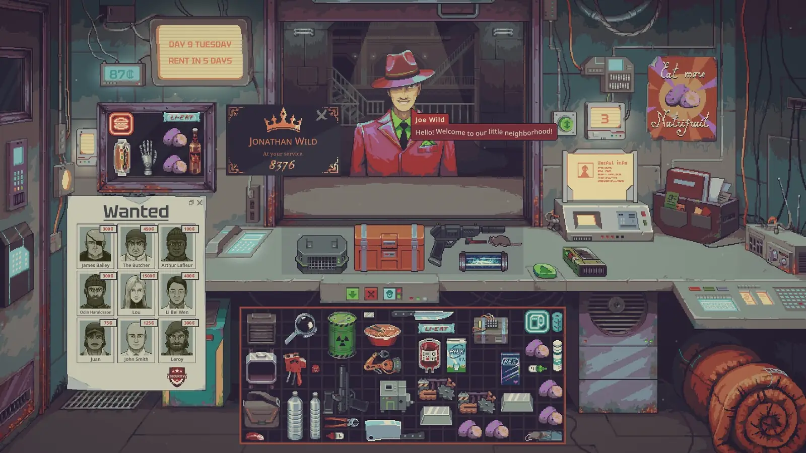 Day 9 counter with the Wanted board, Joe Wild, and a grid of goods. Steam store screenshot.