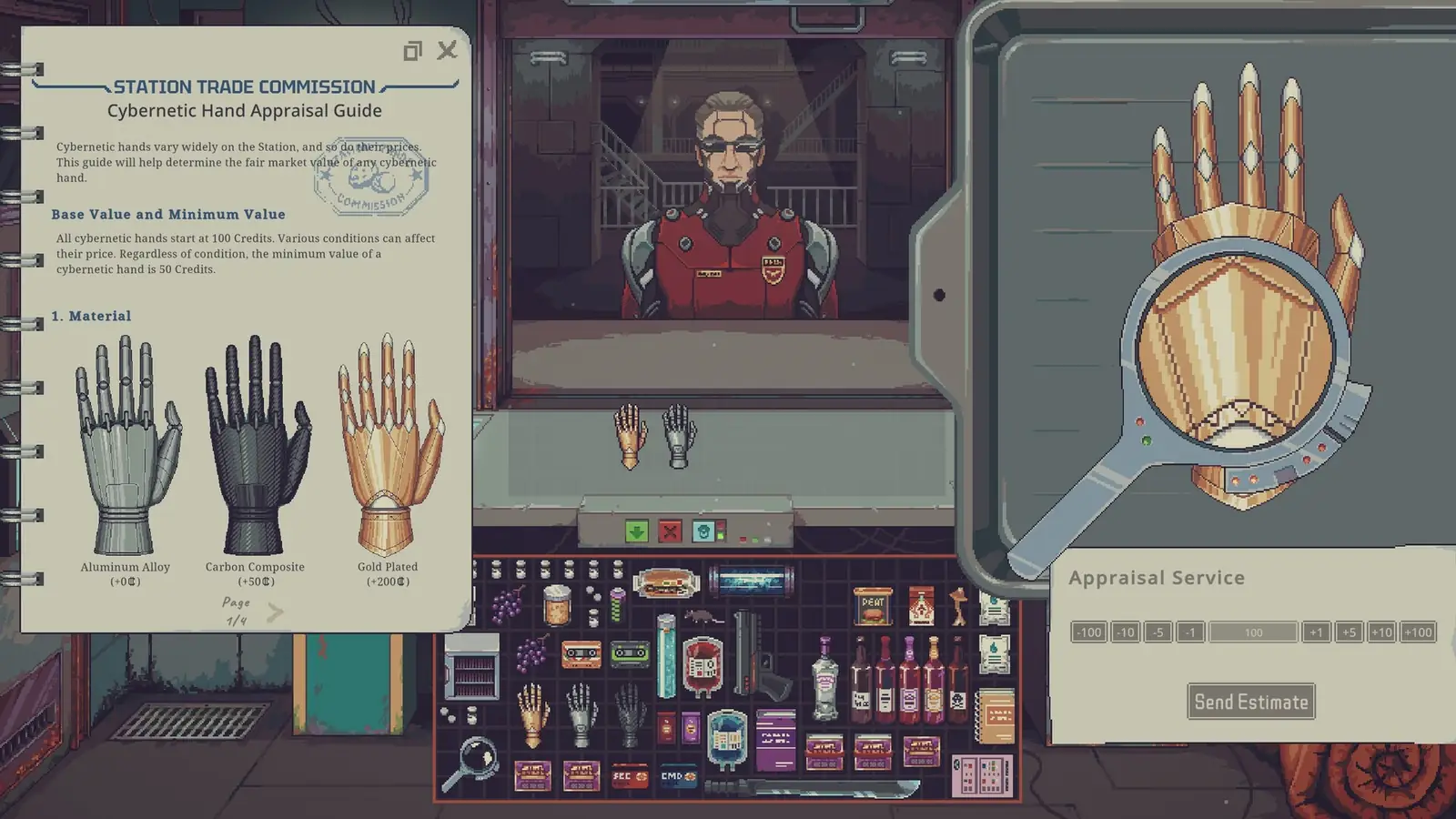 Cybernetic hand appraisal with a gold hand under the magnifier. Steam store screenshot.