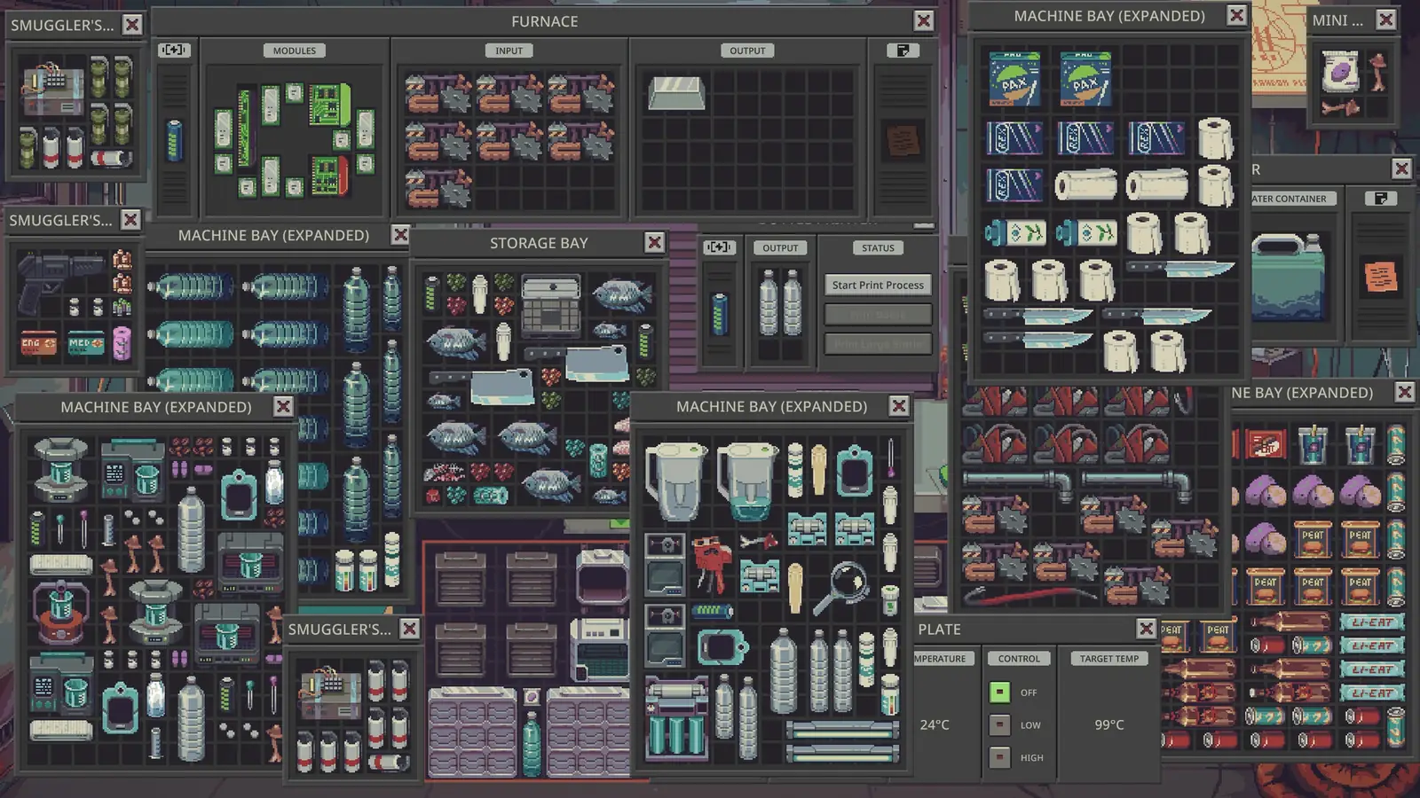 Machine bay packed with purifiers, bottles, and modules. Steam store screenshot.