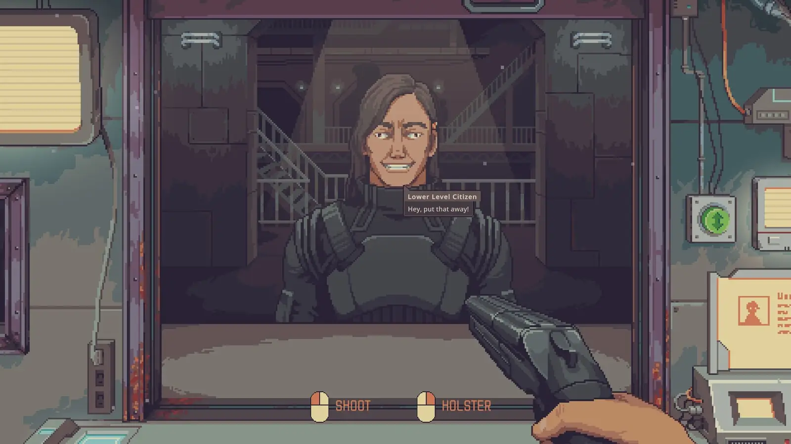 Shotgun raised at the service window. Steam store screenshot.
