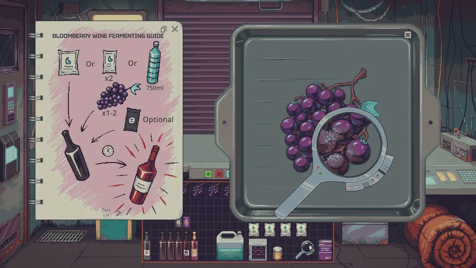 Bloomberry wine fermenting guide and grapes under a magnifier. Steam store screenshot.