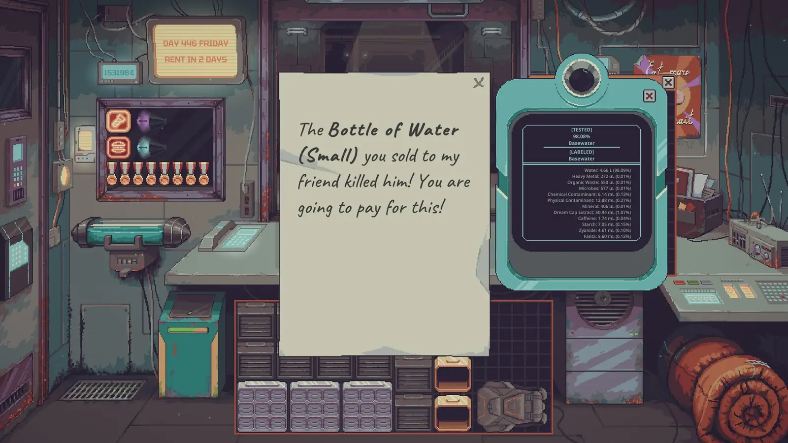Water complaint note and a scanned bottle on the counter. Steam store screenshot.
