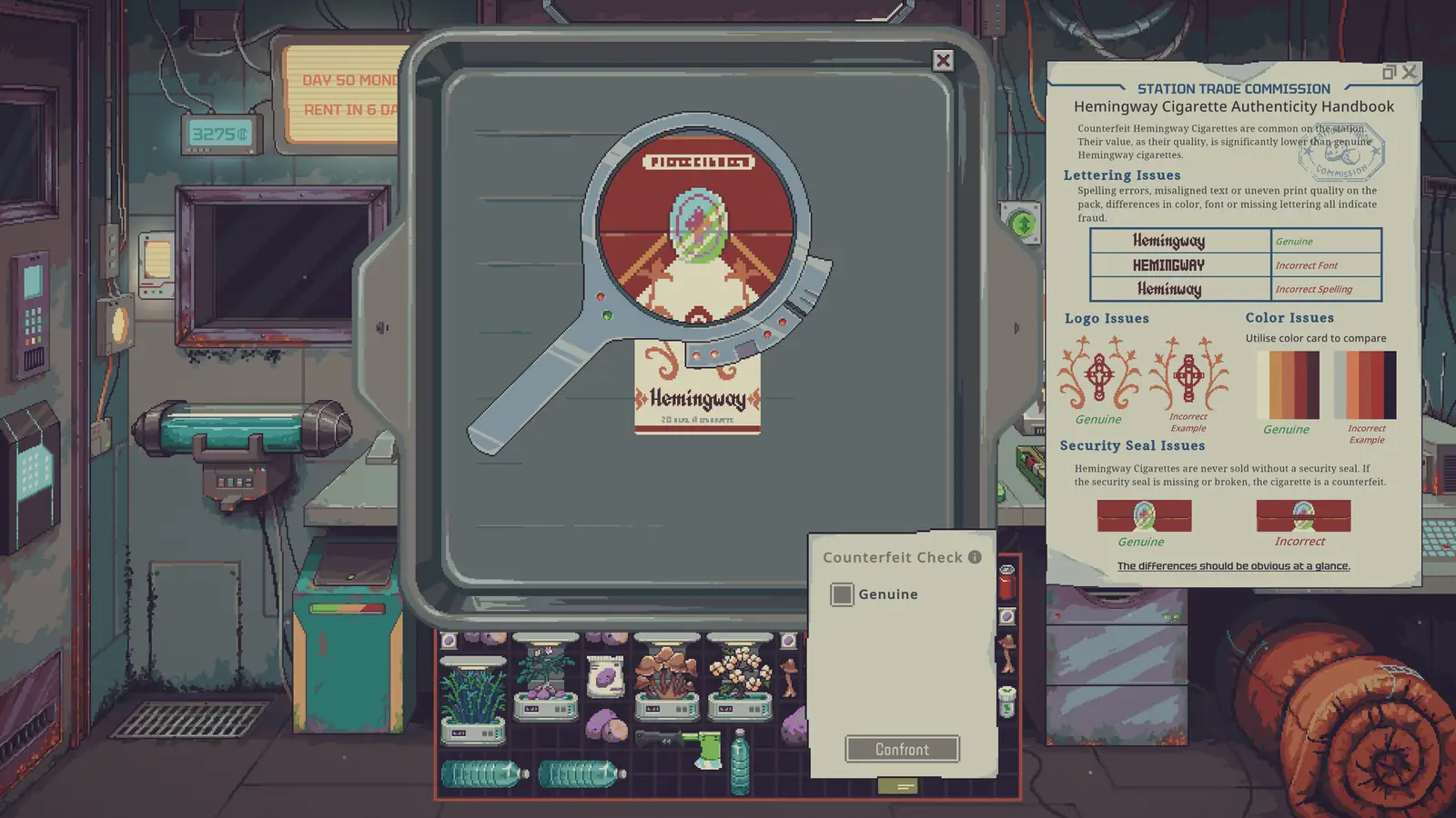 Hemingway cigarette authenticity check under a magnifier. Steam store screenshot.