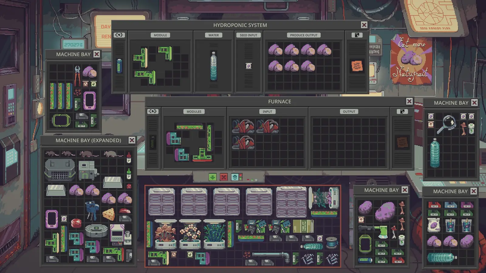 Late-game counter inventory with weapons, modules, and food. Steam store screenshot.