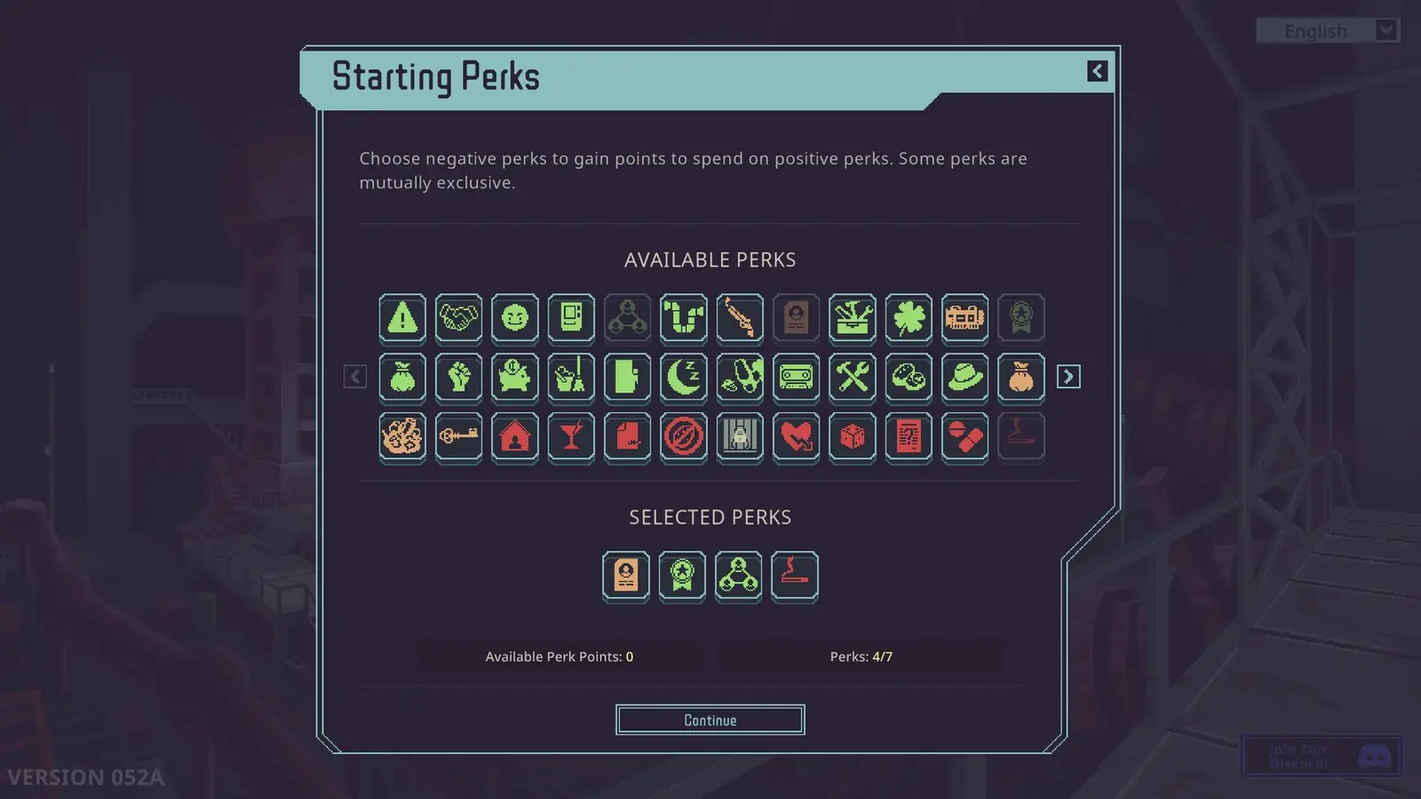 Starting perks selection on a new run. Steam store screenshot.