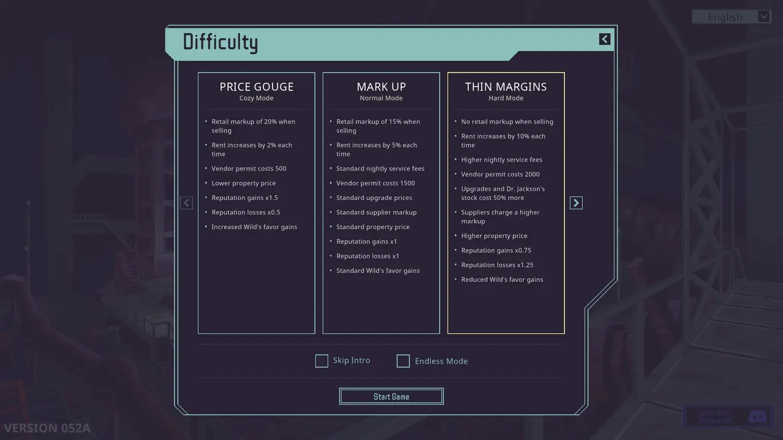 Difficulty choices including Price Gouge and Mark Up. Steam store screenshot.
